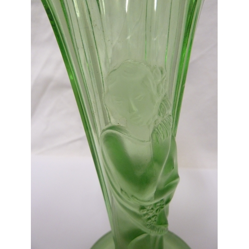 117 - Two Art Deco glass items, a green glass trumpet vase; and a pale blue glass salts box and cover deco... 