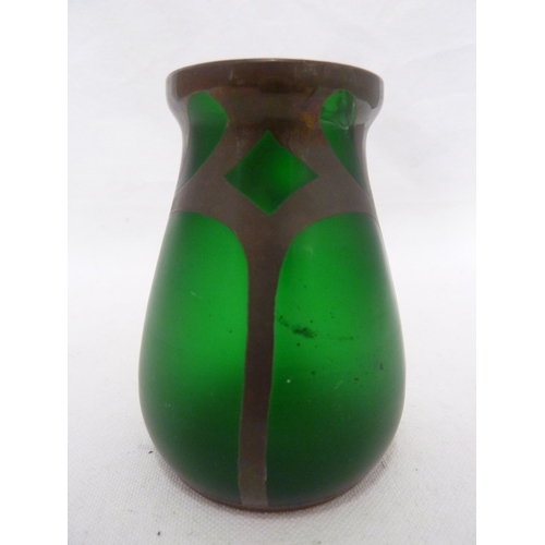 95 - A Bohemian Secessionist glass vase of dark green mica with styiised branches gilt and white and appl... 