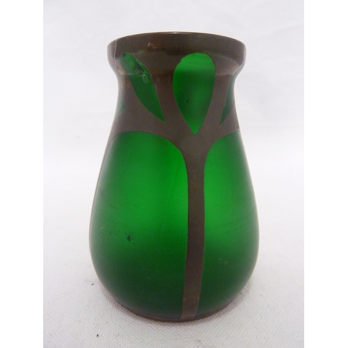 95 - A Bohemian Secessionist glass vase of dark green mica with styiised branches gilt and white and appl... 