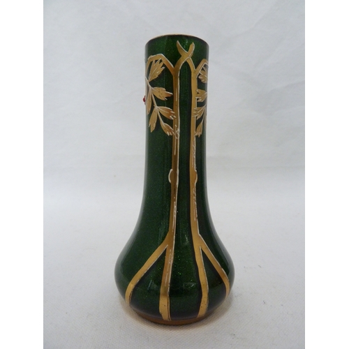 95 - A Bohemian Secessionist glass vase of dark green mica with styiised branches gilt and white and appl... 