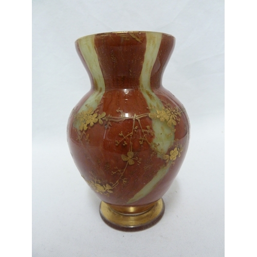 80 - Clichy - a marbled gold mica glass vase  of jade and red with gilded flower festoons, squat baluster... 