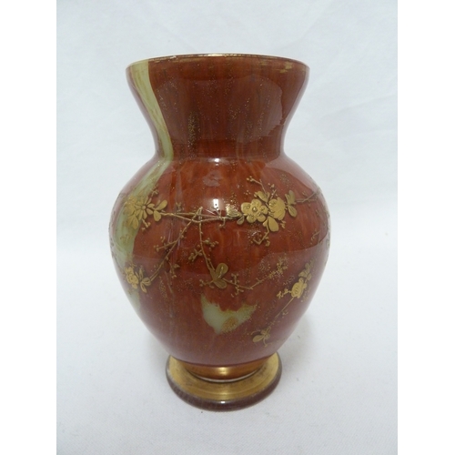 80 - Clichy - a marbled gold mica glass vase  of jade and red with gilded flower festoons, squat baluster... 