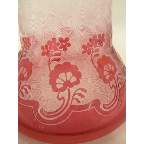 78 - Val St Lambert - a red cut through to colourless glass vase with bands of stylised flowers and leave... 