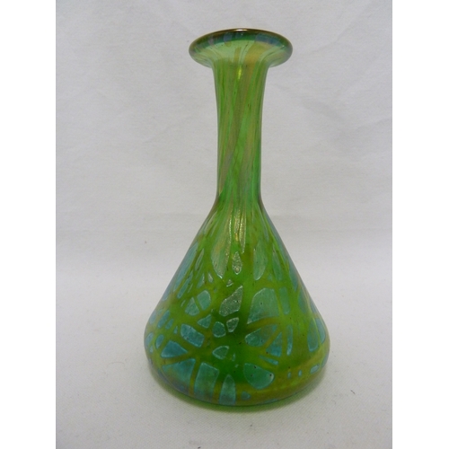 100 - Loetz - A Crete Pampas conical glasss vase of bright leaf green with silver blue, 15 cm high.