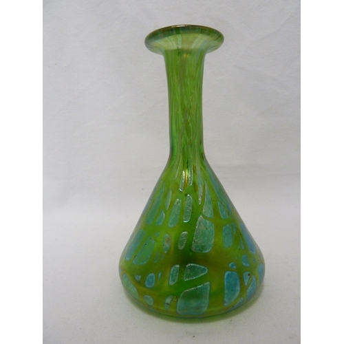 100 - Loetz - A Crete Pampas conical glasss vase of bright leaf green with silver blue, 15 cm high.