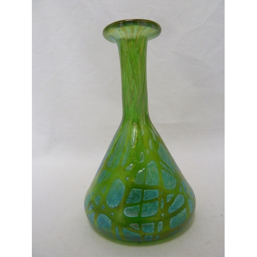 100 - Loetz - A Crete Pampas conical glasss vase of bright leaf green with silver blue, 15 cm high.