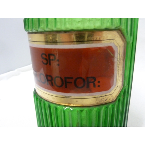 171 - A Green Glass pharmacy bottle, labelled SP: CHLOROFOR., 20cm high.