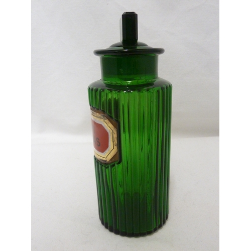 172 - A green glass pharmacy bottle, labelled FERRI ARSENAS, 17.5cm high.