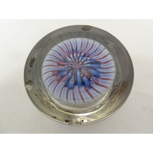 27 - An old English magnum glass paperweight, of red,white and blue concentric canes, 9 cm diam approx.