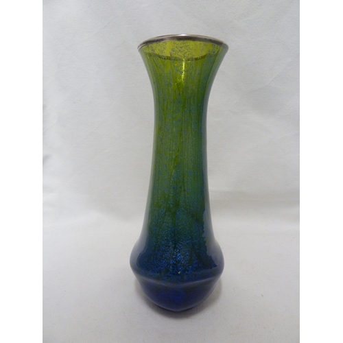 84 - Poschinger - A blue green mica glass vase with silver coloured metal and of flattened baluster form,... 