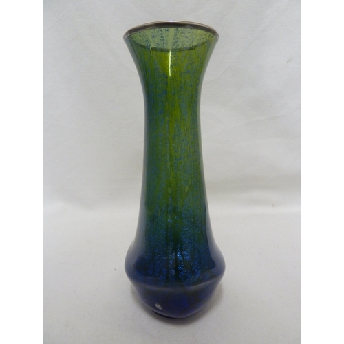 84 - Poschinger - A blue green mica glass vase with silver coloured metal and of flattened baluster form,... 