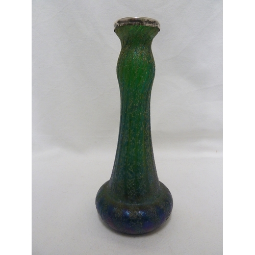 113 - Kralik - a blue green textured glass vase with an English hallmarked silver rim, 21cm high; and a gr... 