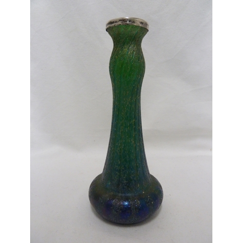 113 - Kralik - a blue green textured glass vase with an English hallmarked silver rim, 21cm high; and a gr... 