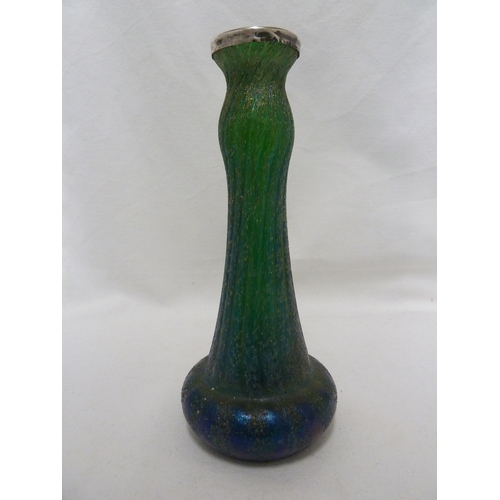 113 - Kralik - a blue green textured glass vase with an English hallmarked silver rim, 21cm high; and a gr... 