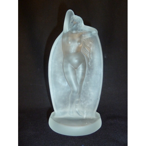 114 - Etling - a glass figure of a woman in clear and frosted glass; a small Art Deco lilac glass vase; an... 