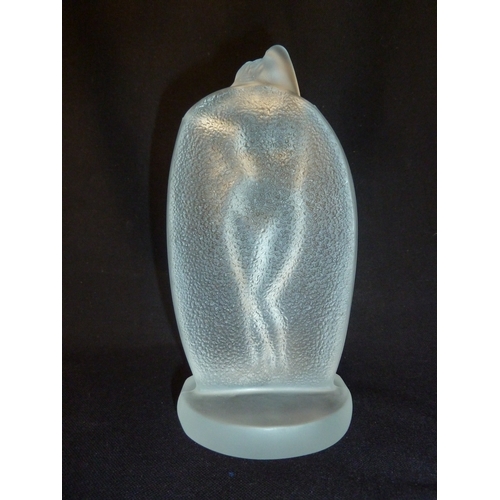 114 - Etling - a glass figure of a woman in clear and frosted glass; a small Art Deco lilac glass vase; an... 