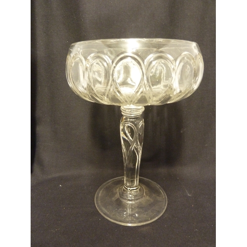 187 - An English rock crystal style glass centerpiece bowl, the bowl and stem decorated with elongated tea... 