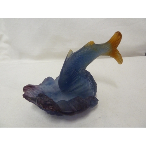 38 - Daum - A pate de verre bowl, modelled with large fish diving into a pool, blue /orange colourway, ma... 