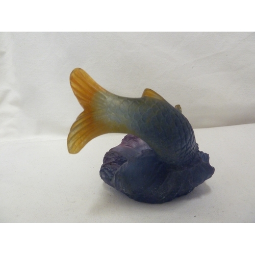 38 - Daum - A pate de verre bowl, modelled with large fish diving into a pool, blue /orange colourway, ma... 