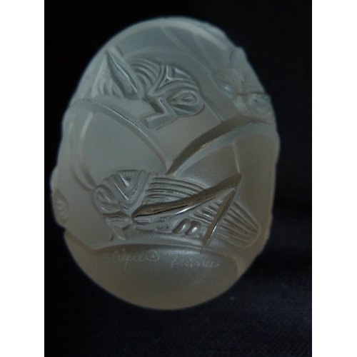 47 - Lalique - Oeuf Grillons, A frosted glass egg decorated with cricket insects on grasses; and the orig... 