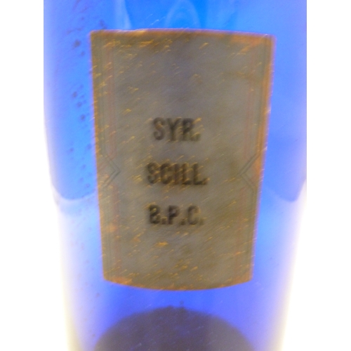 169 - A blue glass pharmacy bottle labelled SYR.SCILL. B.P.C, 25cm high