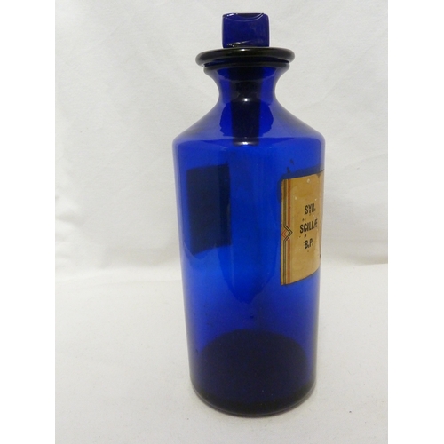 169 - A blue glass pharmacy bottle labelled SYR.SCILL. B.P.C, 25cm high