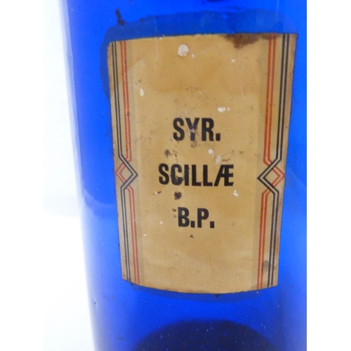 169 - A blue glass pharmacy bottle labelled SYR.SCILL. B.P.C, 25cm high