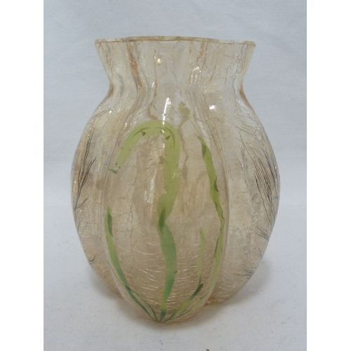 110 - A Moser crackle glass aquatic vase, the pale yellow body enamelled with fish and weeds, 14cm high