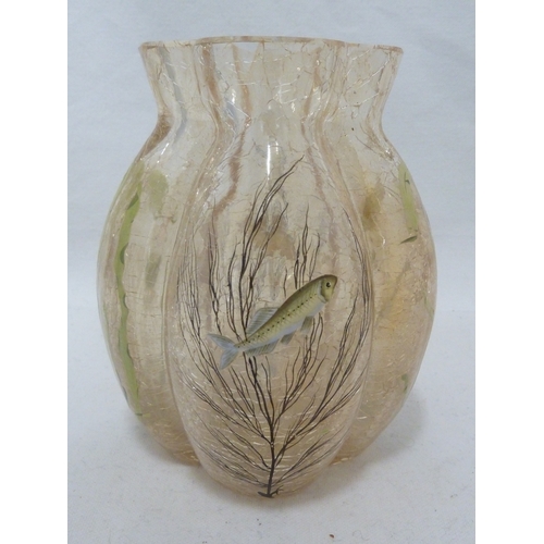 110 - A Moser crackle glass aquatic vase, the pale yellow body enamelled with fish and weeds, 14cm high