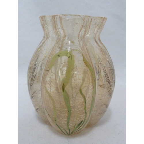 110 - A Moser crackle glass aquatic vase, the pale yellow body enamelled with fish and weeds, 14cm high