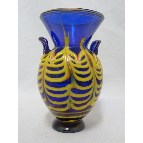 133 - A Salviati Egyptian glass vase, the iridescent blue glass ovoid body with wide trumpet neck and trai... 