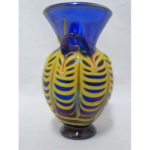 133 - A Salviati Egyptian glass vase, the iridescent blue glass ovoid body with wide trumpet neck and trai... 