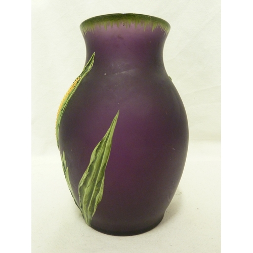 85 - Poschinger glass - a amethyst glass vase decorated with a corn on the cob, enamelled in naturalistic... 