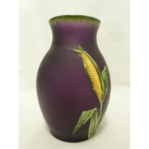 85 - Poschinger glass - a amethyst glass vase decorated with a corn on the cob, enamelled in naturalistic... 