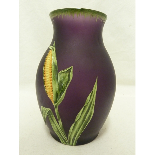 85 - Poschinger glass - a amethyst glass vase decorated with a corn on the cob, enamelled in naturalistic... 