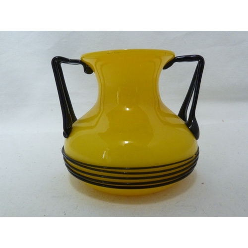 104 - Loetz - a Tango glass vase, yellow over white with black trails, 9.5cm high approx.