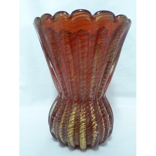 145 - Barovier - a large Cordonato d' oro glass vase of thistle head form, the red body with gold foil inc... 