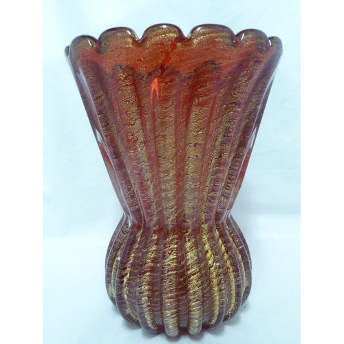 145 - Barovier - a large Cordonato d' oro glass vase of thistle head form, the red body with gold foil inc... 