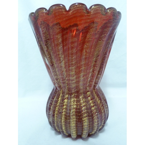 145 - Barovier - a large Cordonato d' oro glass vase of thistle head form, the red body with gold foil inc... 