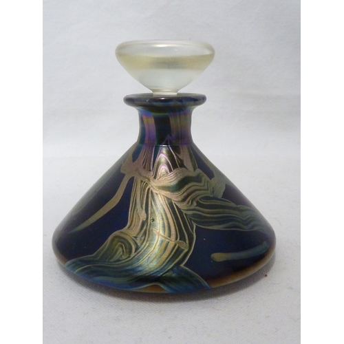 158 - Isle of Wight Glass - a conical perfume bottle; and two Caithness engraved glass vases of purple and... 