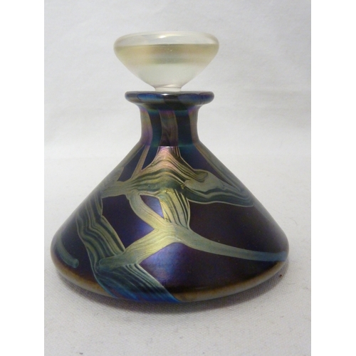 158 - Isle of Wight Glass - a conical perfume bottle; and two Caithness engraved glass vases of purple and... 