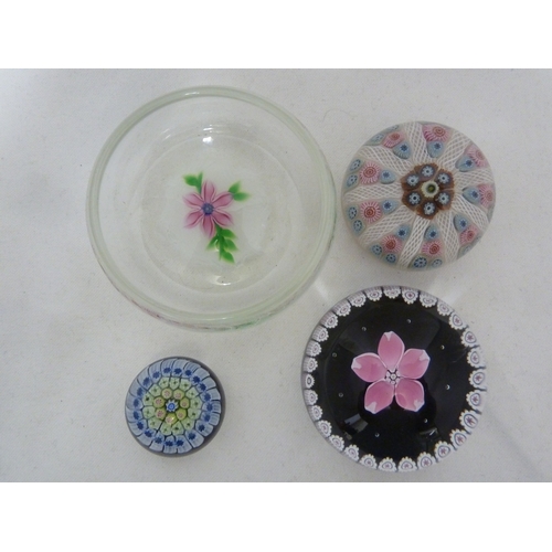 29 - Edinburgh Glass - a pink flower paperweight; a Perthshire polychrome millifiori cane weight; a Perth... 