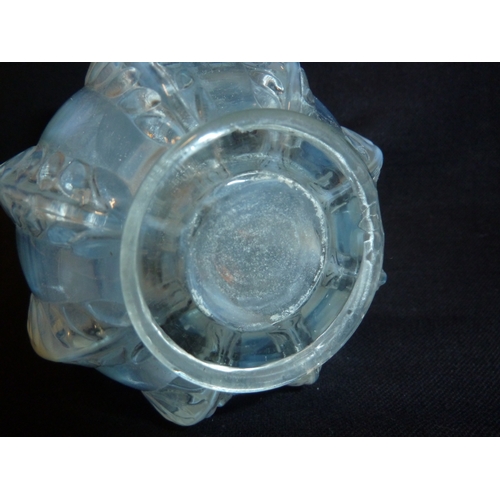 50 - French Glass - an opalescent squat bottle form vase moulded with stiff leaf design, 11cm approx