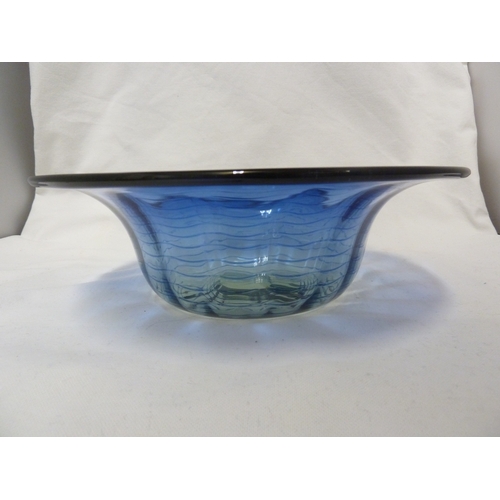 10 - James Powell and Son, Whitefriars Limited - A blue thread on sea green ground glass bowl, 26cm diam.