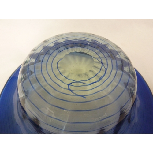 10 - James Powell and Son, Whitefriars Limited - A blue thread on sea green ground glass bowl, 26cm diam.