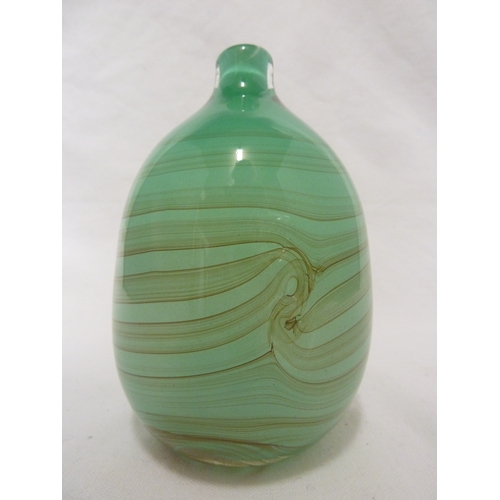 153 - Peter Layton - A studio glass vase of green and blue swirl design, signed to base, 13cm high