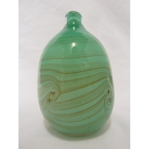 153 - Peter Layton - A studio glass vase of green and blue swirl design, signed to base, 13cm high