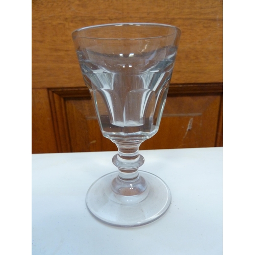 198 - A set of six Victorian toasting glasses, the panelled bowls with deceptive interior on bladed knop s... 