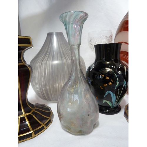 124 - Various glasswares, including a pair of ruby glass candle sticks; two Czech glass  vases; and other ... 