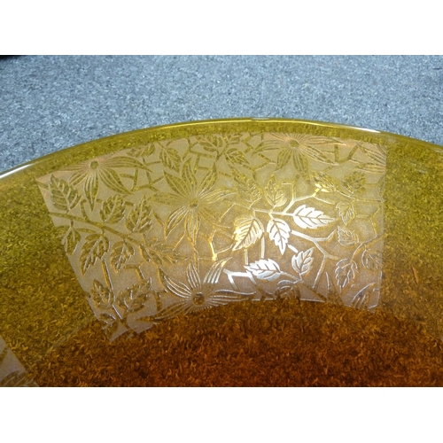 115 - Cambridge Glass - a large amber coloured centerpiece bowl, acid cut with panels of flowers,